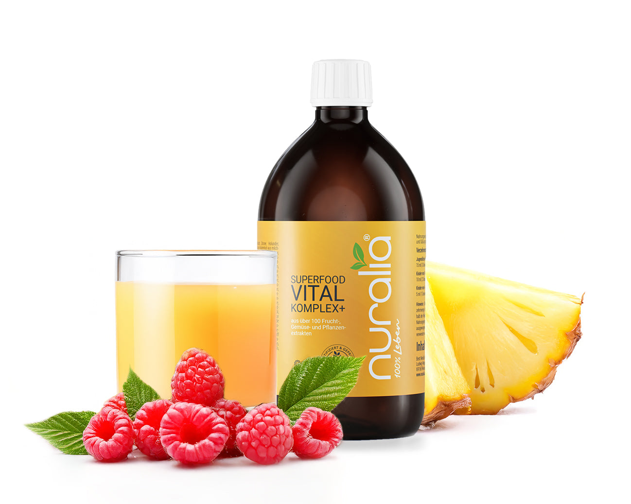 Nuralia Flasche mit Glas und frischen Früchten
