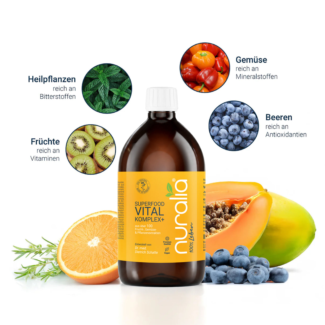 Nuralia Flasche mit Glas und frischen Früchten
