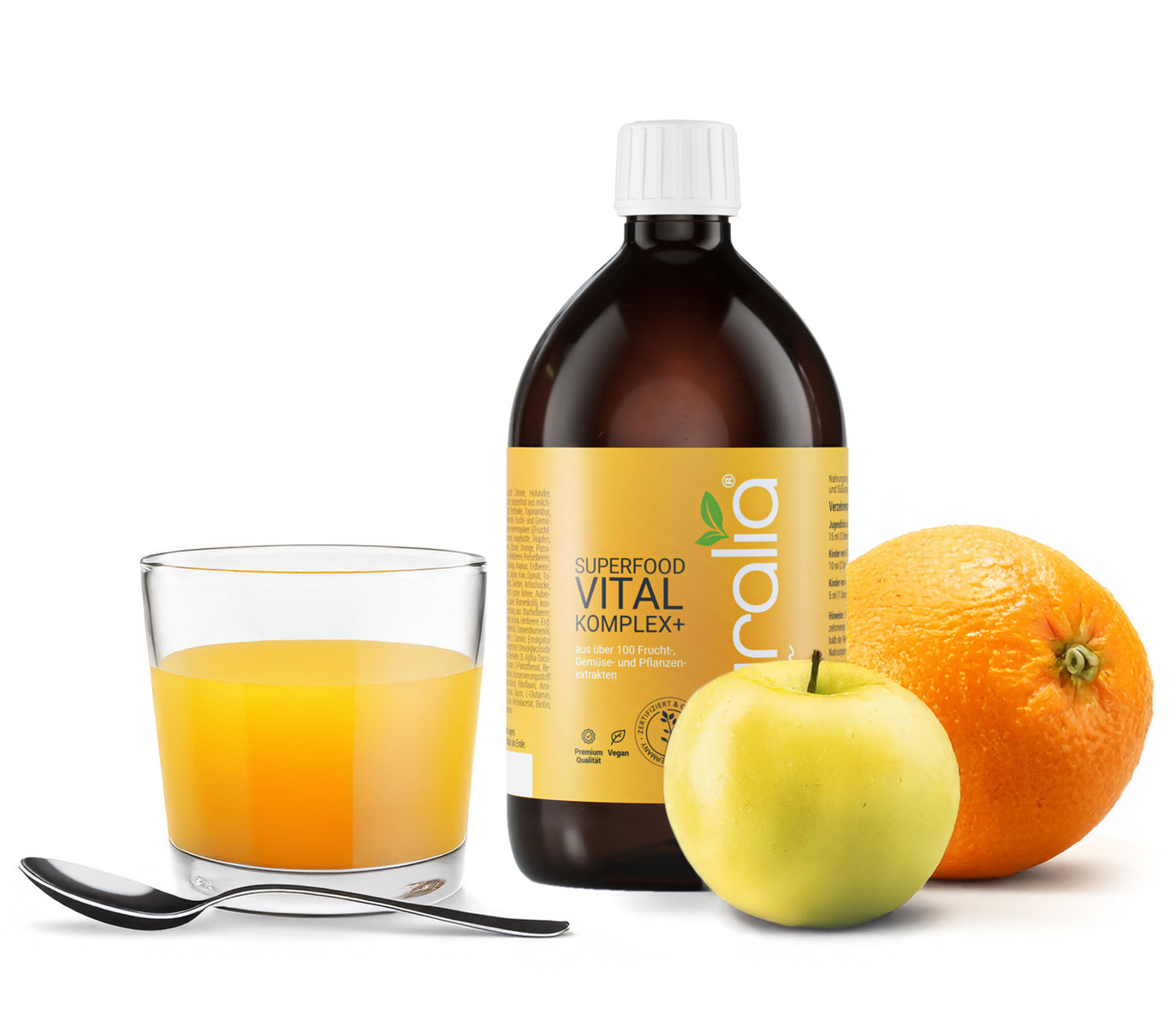 Nuralia Flasche mit Glas und frischen Früchten